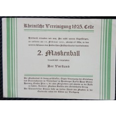 Invitatie la Bal Mascat organizat de Asociația din Renania, Germania, 1925
