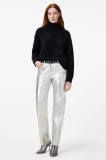 AllSaints pantaloni de piele SAIGE femei, culoarea argintiu, drept, medium waist, W047TB