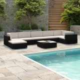 VidaXL Set mobilier de grădină cu perne, 8 piese, negru, poliratan