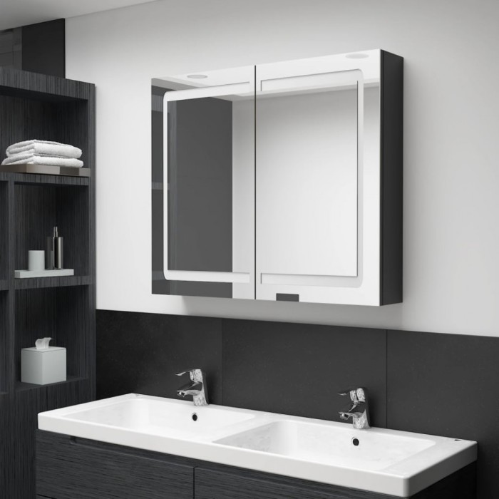 vidaXL Dulap de baie cu oglindă și LED, negru strălucitor, 80x12x68 cm 326512