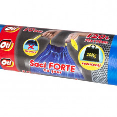 Saci Menajer cu Snur OTI FORTE, Capacitate 120L, 70x100 cm, 10 Buc/Rola, Culoare Albastra, Sac Menajer de Gunoi cu Snururi