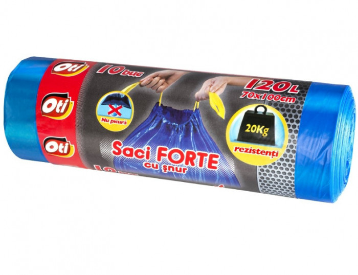 Saci Menajer cu Snur OTI FORTE, Capacitate 120L, 70x100 cm, 10 Buc/Rola, Culoare Albastra, Sac Menajer de Gunoi cu Snururi