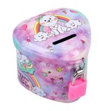 Pusculita RainbowCats pentru copii, model in forma de inima si imprimeu cu pisicute, Mov, 9x9x7 cm