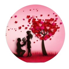 Insigna rotunda cerere in casatorie sub copac cu inimi, 58 mm, model romantic roz cu prindere ac