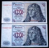 107. GERMANIA RFG 2 X 10 DEUTSCHE MARK 1980 VF/XF SERII CONSECUTIVE 741-742