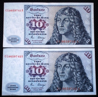 107. GERMANIA RFG 2 X 10 DEUTSCHE MARK 1980 VF/XF SERII CONSECUTIVE 741-742 foto