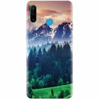 Husa silicon pentru Huawei P30 Lite, Forest Hills Snowy Mountains And Sunset Clouds foto