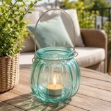 Felinar decorativ din sticlă, formă de dovleac, cu m&acirc;ner metalic, verde mentă, &Oslash;7,5x8cm, CMCLASS