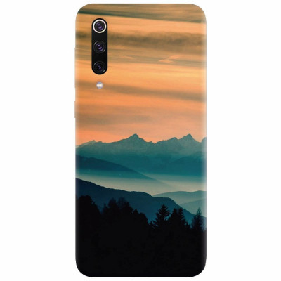 Husa silicon pentru Xiaomi Mi 9, Blue Mountains Orange Clouds Sunset Landscape foto