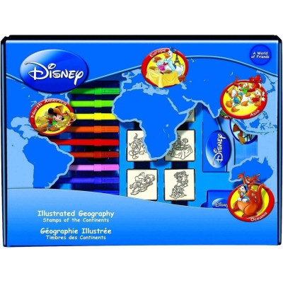 Set educativ cu stampile Geografia Disney 23 piese, 7 stampile, tus, 12 carioci, rigla, harta lumii si caiet cu activitati Multiprint MP1938 foto