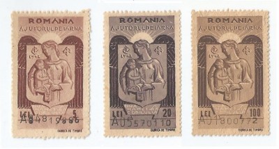 *Romania, lot 1003 cu 3 timbre fiscale de ajutor, 1942, NG foto