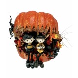 Aranjament floral mediu de Halloween cu flori uscate si figurine din rasina in dovleac (Portocaliu)