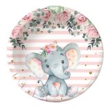Set 10 farfurii unica folosinta, flippy, imprimeu elefant, din carton, 22 cm, roz