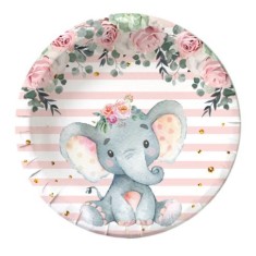 Set 10 farfurii unica folosinta, flippy, imprimeu elefant, din carton, 22 cm, roz