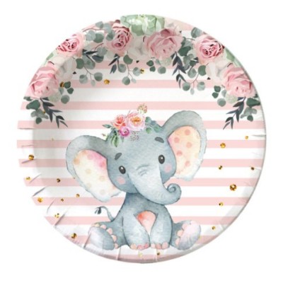 Set 10 farfurii unica folosinta, flippy, imprimeu elefant, din carton, 22 cm, roz foto