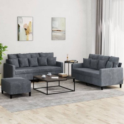 vidaXL Set de canapele cu perne, 3 piese, gri &amp;icirc;nchis, catifea 3201711 foto