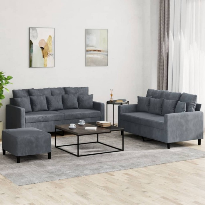 vidaXL Set de canapele cu perne, 3 piese, gri &icirc;nchis, catifea 3201711