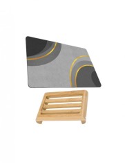 Covoras pentru baie ultra absorbant, anti-alunecare, model Cercle, 50 x 80 cm si sapuniera din lemn