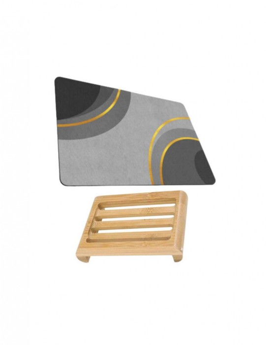 Covoras pentru baie ultra absorbant, anti-alunecare, model Cercle, 50 x 80 cm si sapuniera din lemn