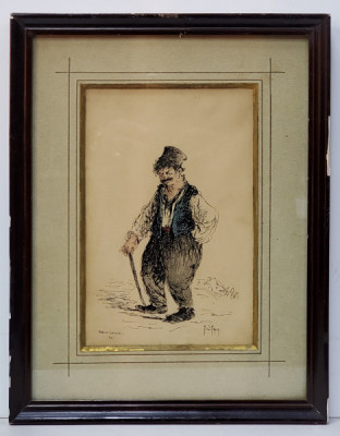 BARBAT CU BASTON PE DEALUL SPIREI , GRAFICA de CONSTANTIN JIQUIDI 1865 - 1899 , DATAT 1889 foto