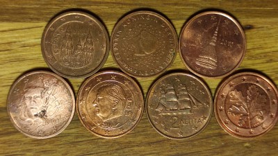 2 euro cent 7 tari diferite- Grecia Belgia Germania Spania Franta Olanda Italia foto