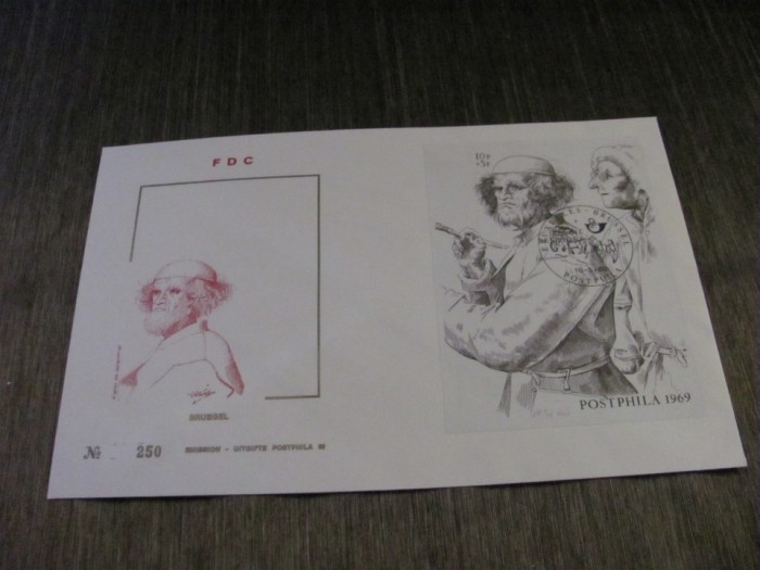 FDC Belgia 1969 &ndash; POSTPHILA, Plic Prima Zi cu Timbru 10Fr, Ștampilă Specială Bruxelles, Ediție Limitată