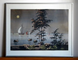 Marina nocturna - acuarela originala pe carton, tablou inramat 51x41cm, Marine, Impresionism
