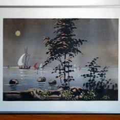 Marina nocturna - acuarela originala pe carton, tablou inramat 51x41cm