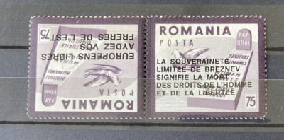 Romania, Exil, Emisiunea LIII, Impotriva Doctrinei Suveranitatii Limitate, 1969, pereche tete-beche, supratipar, (foarte rara) foto