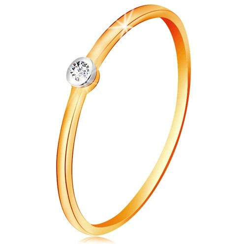 Inel din aur 585 &icirc;n două culori - diamant transparent &icirc;n montură rotundă, brațe &icirc;nguste - Marime inel: 49