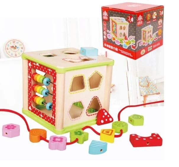 Cub educativ montessori cu forme geometrice si snuruit - JH-4