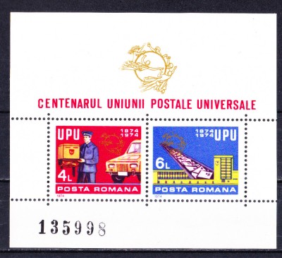 TSV$ - 1974 LP 848 CENTENARUL U.P.U., COLITA DANTELATA NUMEROTATA MNH/** LUX foto