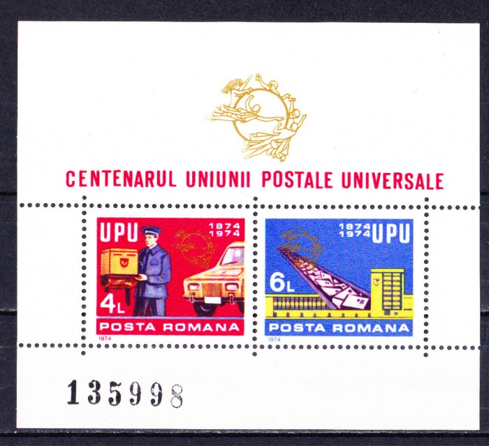 TSV$ - 1974 LP 848 CENTENARUL U.P.U., COLITA DANTELATA NUMEROTATA MNH/** LUX