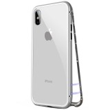 Husa iPhone X Magnetic 360&deg; Argintie + Folie Autoregenerativa, Metal+Sticla, Rezistenta la Socuri/Zgarieturi/Amprente