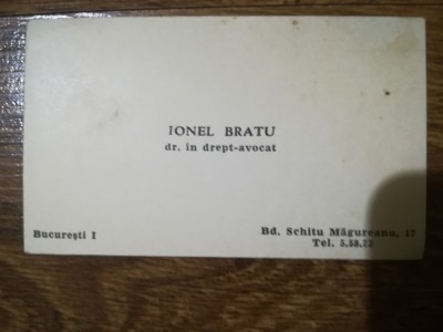 Carte vizită interbelică avocat Ionel Bratu Str. Schitu Magureanu 17 BUCURESTI foto