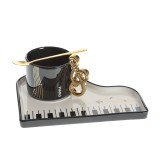 Set cana 200 ml cu farfurie in forma de pian si lingurita aurie