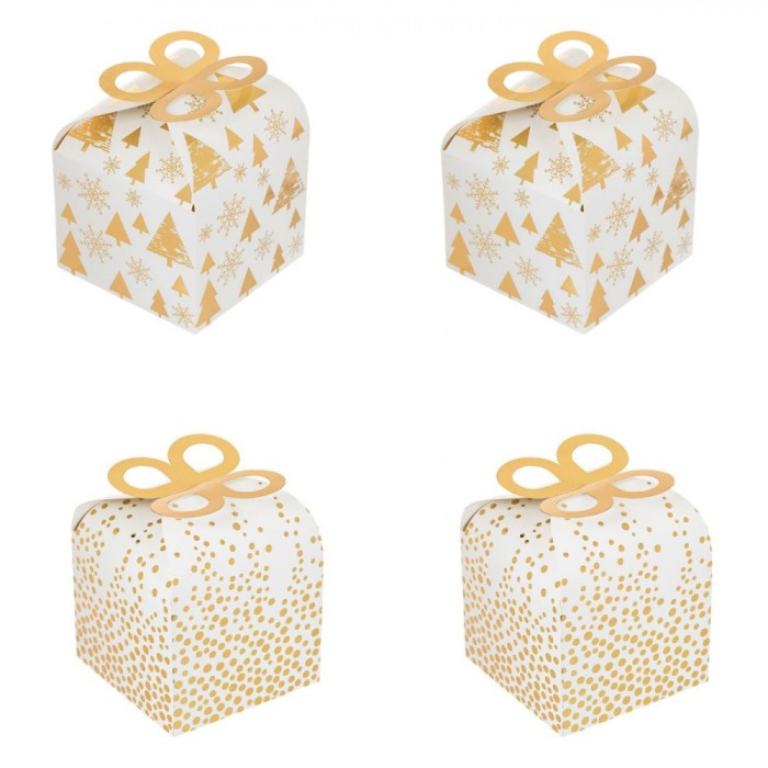 Set Cutii Carton, Model Crăciun, 9.5x9.5x8cm, Alb/Auriu, 4 Bucăți