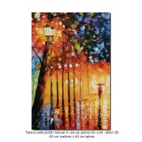 Peisaj citadin, pe aleea cu felinare, 60x40cm tablou pictat manual in ulei pe panza, gata de expus pe perete