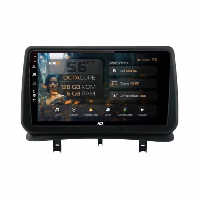 Navigatie Renault Clio 3 (2005-2013) 6GB RAM Android 13 Octacore Slot Sim 4G DSP GPS Wi-FI Carplay Android Auto USB Bluetooth Waze Touchscreen 9 Inch