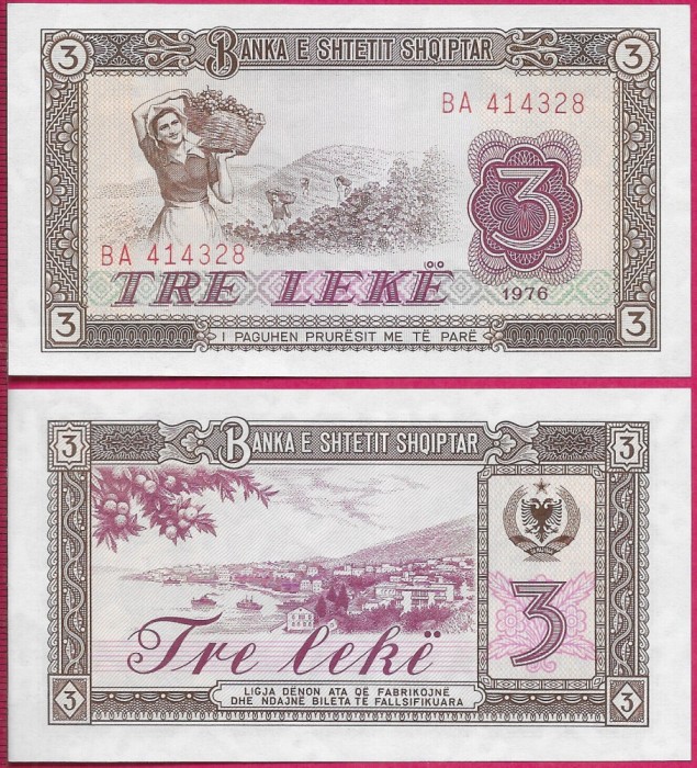 ALBANIA █ bancnota █ 3 Leke █ 1976 █ P-41 █ UNC █ necirculata