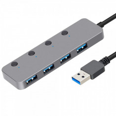 Hub pentru transfer date cu 4 porturi USB 3.0 si intrerupator, space gray foto