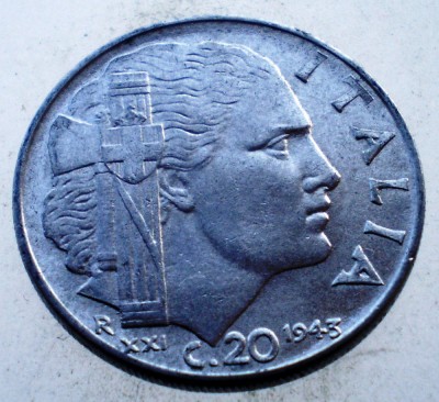 1.777 ITALIA WWII VITTORIO EMANUELE III 20 CENTESIMI 1943 R MAGNETIC foto