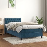 Cumpara ieftin Pat box spring cu saltea, albastru &icirc;nchis, 90x200 cm, catifea