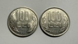 Lot 2 x 100 Lei 1992 Romania, varianta cu codita la "99" rotunjita, mai rara!, ambele tipuri de scris pe muchie (A si B)