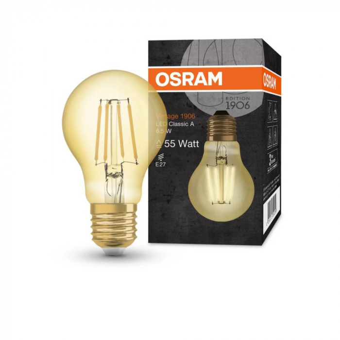 Bec LED Osram Vintage 1906 CLAS A, E27, 6.5W (50W), 650 lm, lumina calda