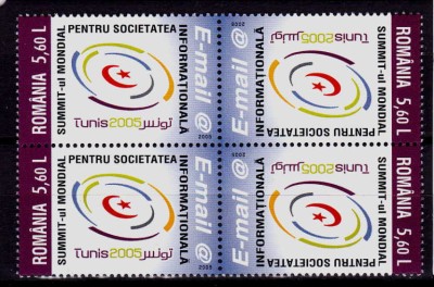 RO 2005 LP 1696a ,&amp;quot;Summit-ul Soc. Info. Tunis &amp;quot;, bloc 4,tip 1, tete-beche, MNH foto