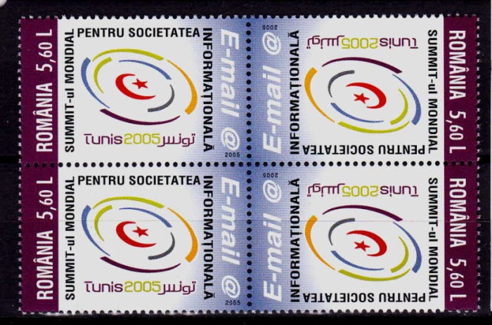 RO 2005 LP 1696a ,&quot;Summit-ul Soc. Info. Tunis &quot;, bloc 4,tip 1, tete-beche, MNH