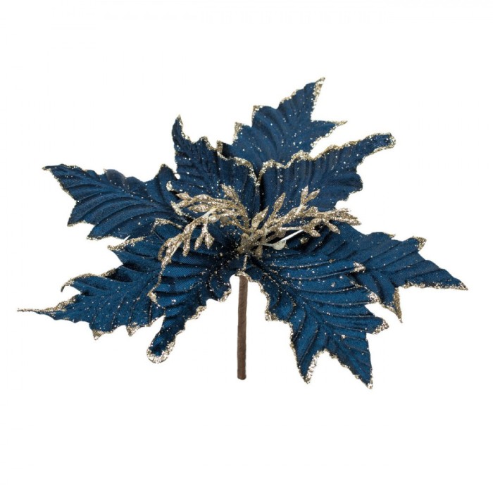 Floare Decorativă Crăciun, Albastru, Petale Catifelate cu Glitter Bej șampanie, 30 cm, Poliester