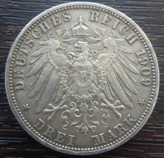 (A752) MONEDA DIN ARGINT GERMANIA, PRUSIA - 3 MARK 1909, LIT. A, WILHELM II foto