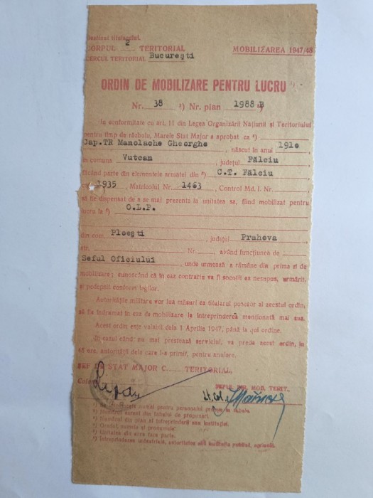 Ordin de mobilizare pentru lucru, emis de Corpul 2 Teritorial 1947 / CD1P